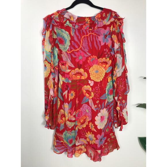 Farm Rio Red Floral Ruffle Flowy Short Dress Boho Hippie Vacation Indie Beaded - Picture 8 of 14